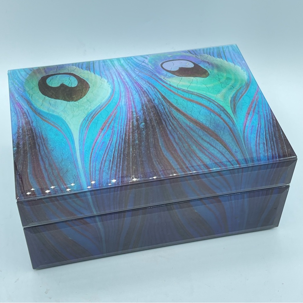 Peacock Feather Blue HardBox Jewelry Case The Met  Velvet‎ Interior 7”X4 3/4”X3”